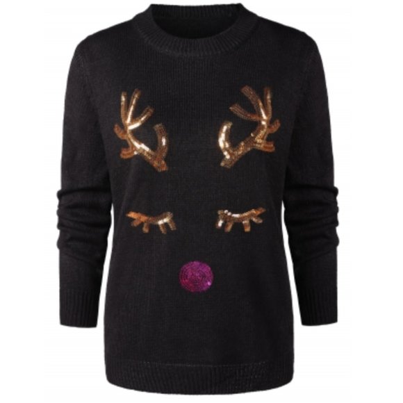 Sweaters - BRAND NEW Black Christmas Gold Pink Sequin Rudolph Reindeer Sweater